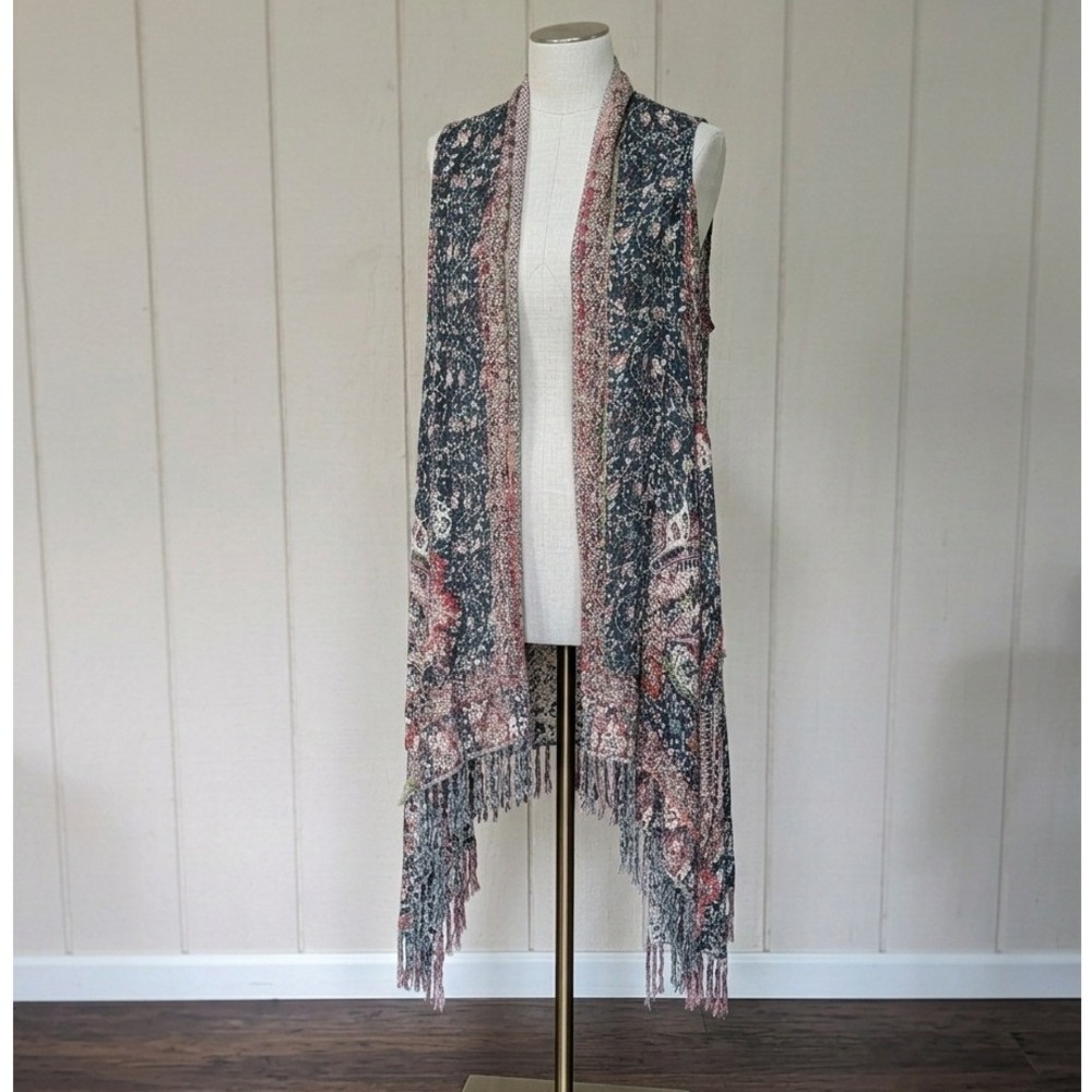 Raj Paisley‎ Embroidered Fringe Duster Vest Navy Boho Sleeveless Cardigan OS
